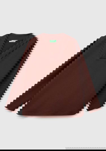  Kadın Kahverengi Modal Karışımlı V Yaka Uzun Kollu Sweatshirt