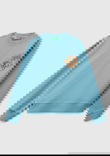  Kadın Mavi Koton Karışımlı Çiçek Desenli Sweatshirt