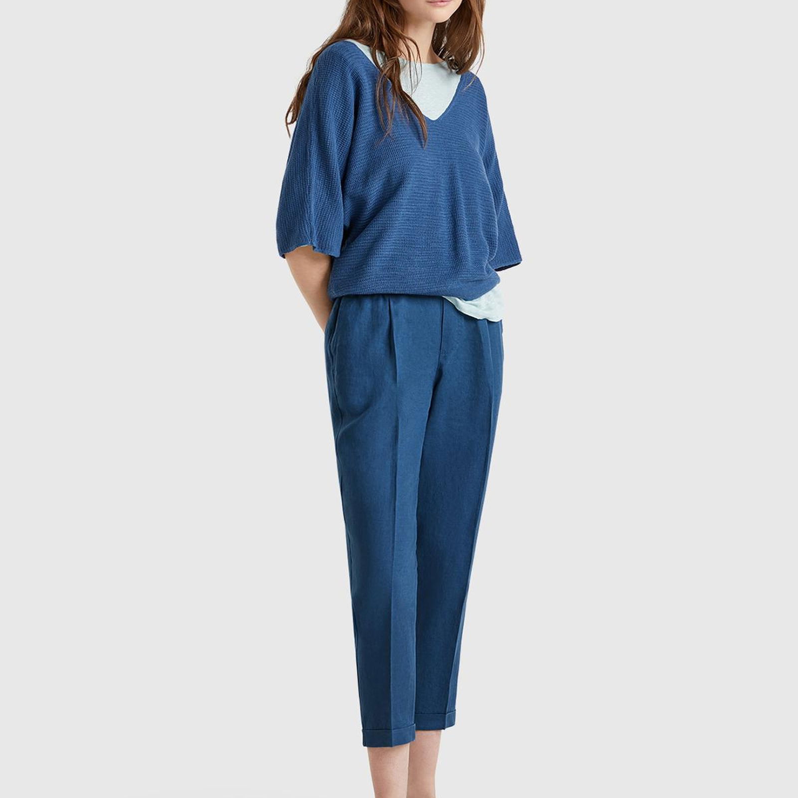 Kadın Denim %100 Keten Beli Lastikli Pantolon