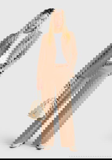  Kadın Bej Streç Kumaşlı Yüksek Bel Wide Leg Pantolon