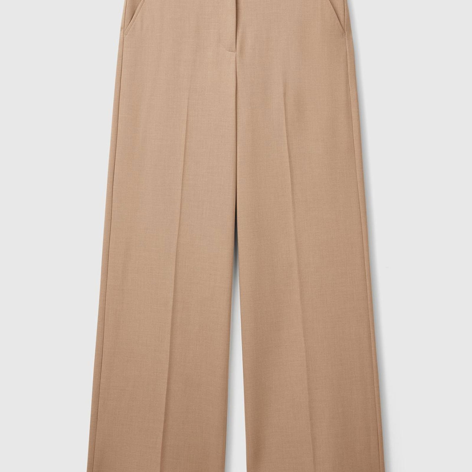 Kadın Bej Streç Kumaşlı Yüksek Bel Wide Leg Pantolon