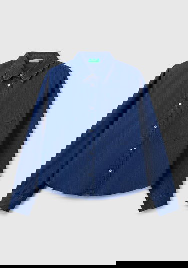  Kadın Koyu Mavi %100 Pamuk Göğüs Cepli Yanları Yuvarlak Kesimli Denim Gömlek