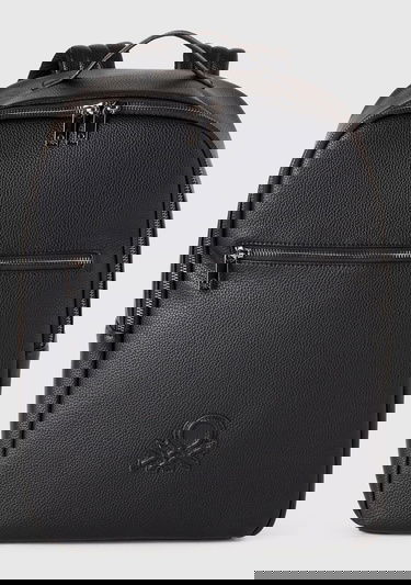  Erkek Siyah Eskitme Efektli Önü Logo Yamalı Fermuarlı Sırt Çantası