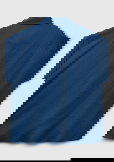  Kadın Denim %100 Keten Omuz Detaylı Kısa Kollu Gömlek