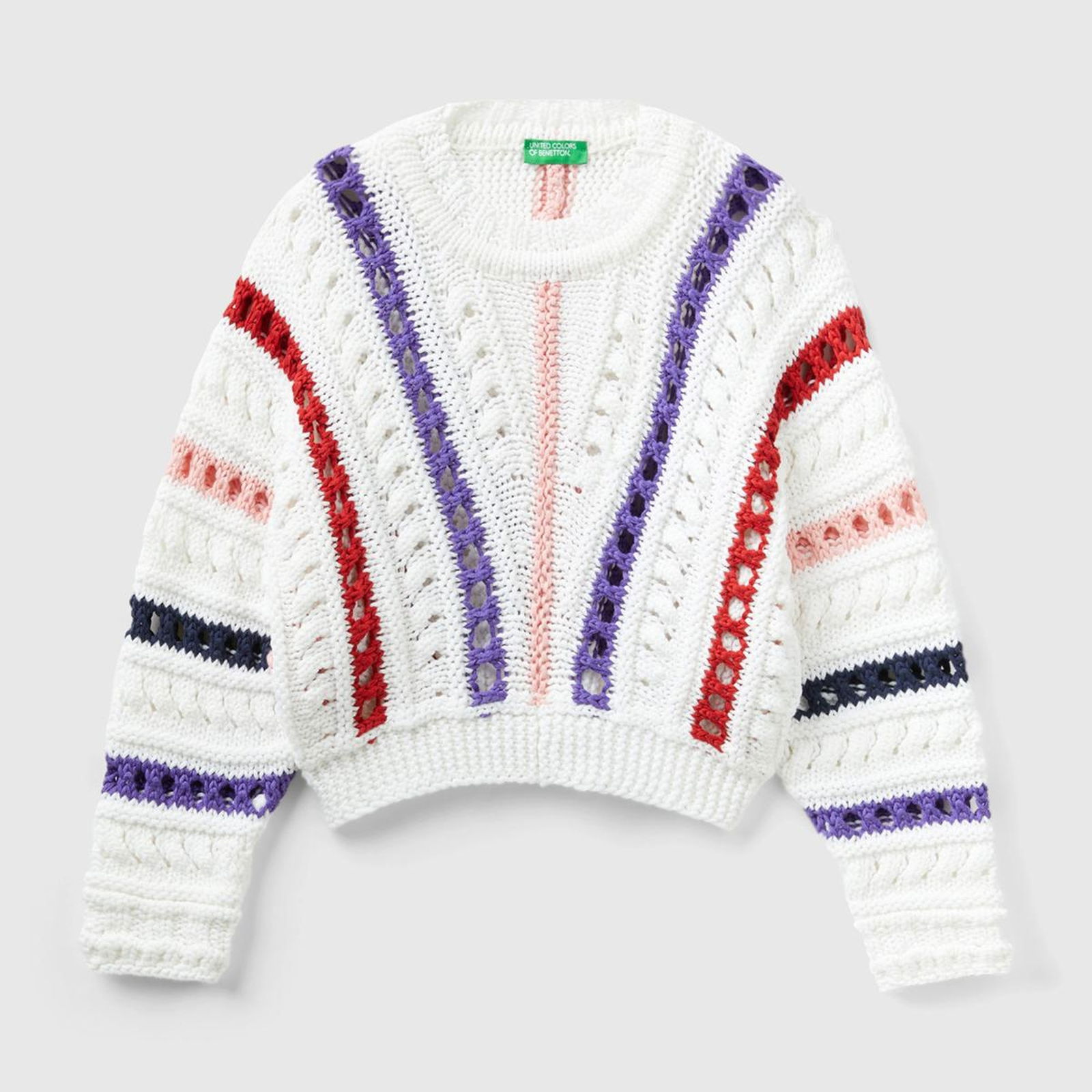 Kız Çocuk Krem Çapraz Çizgili Balon Kollu Crop Sweatshirt