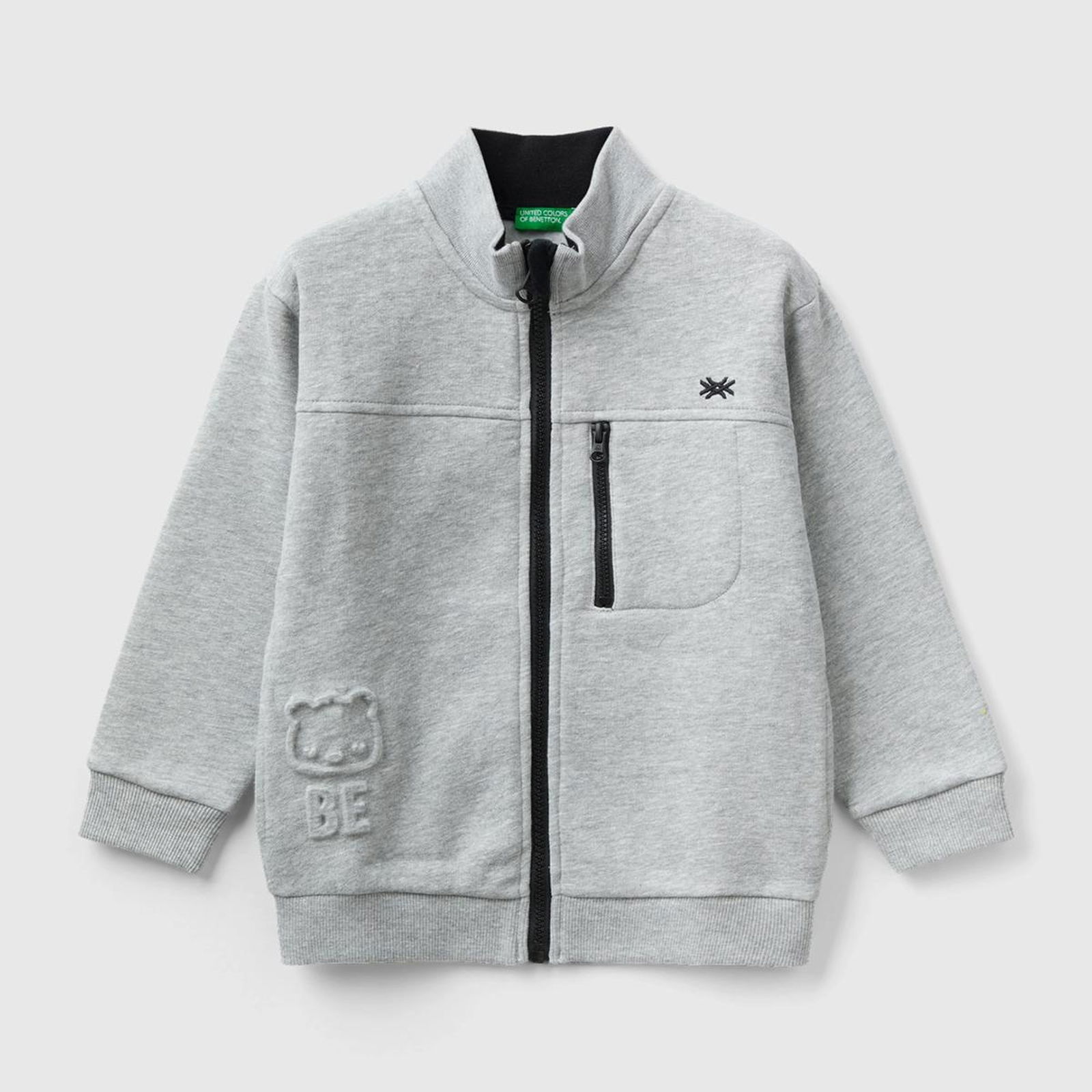 Erkek Çocuk Gri Melanj Yakası Fermuarlı Cep Detaylı Yarım Logolu Sweatshirt