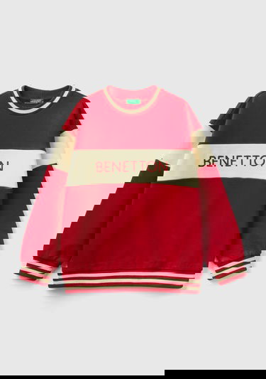  Erkek Çocuk Kırmızı Renk Bloklu Balıkçı Yaka Benetton Yazılı Sweatshirt