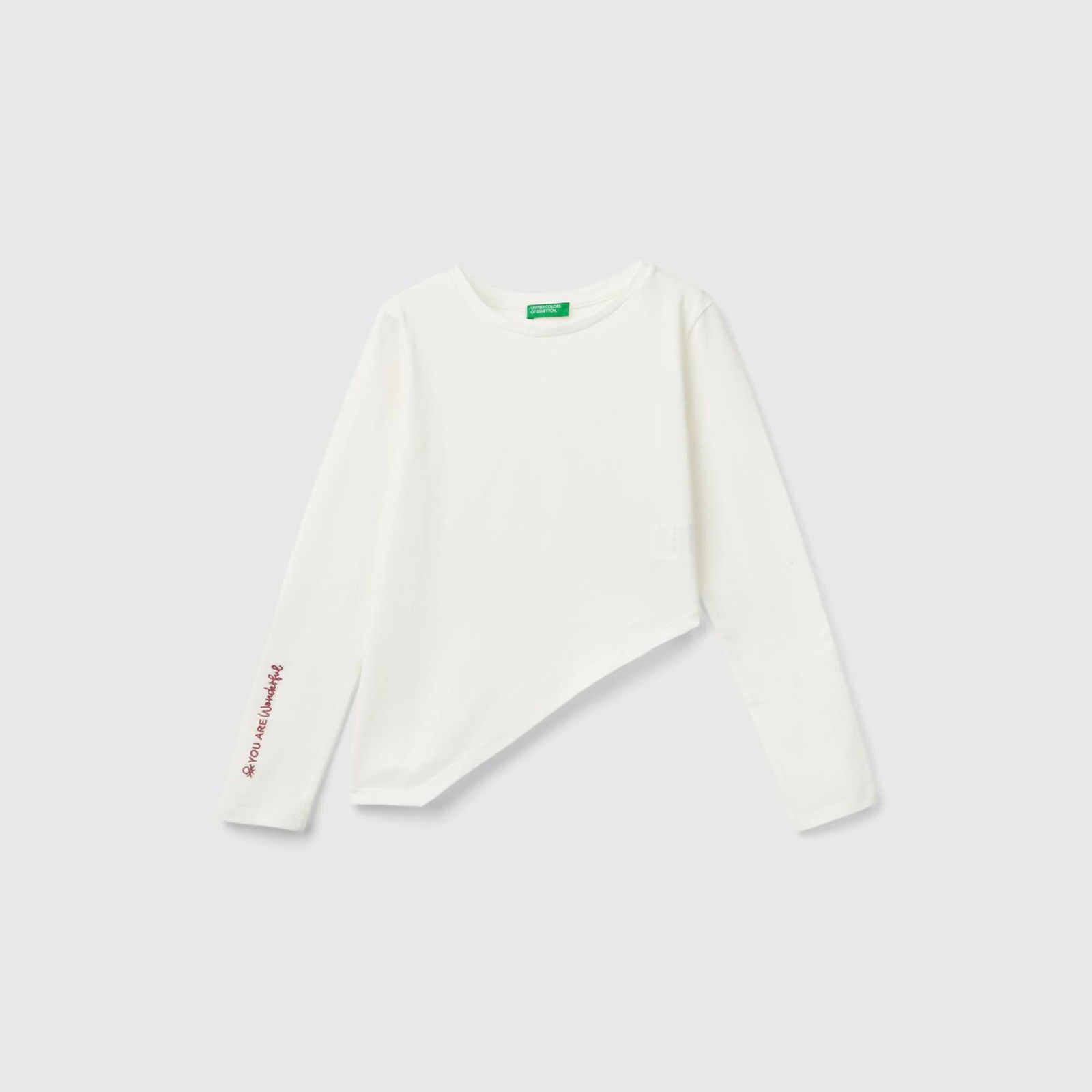Kız Çocuk Beyaz Etek Ucu Asimetrik Detaylı Bisiklet Yaka Uzun Kollu T-Shirt