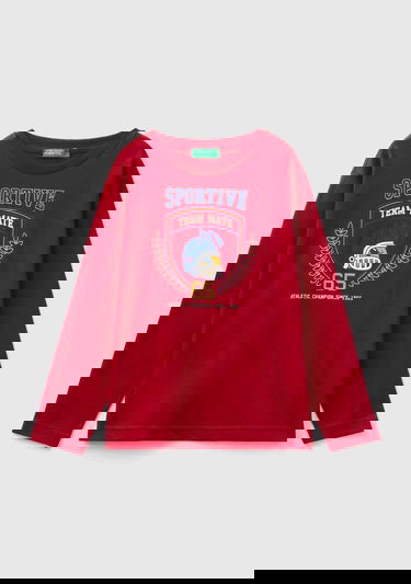  Erkek Çocuk Kırmızı Önü Baskılı Ribanalı Uzun Kollu Bisiklet Yaka T-Shirt