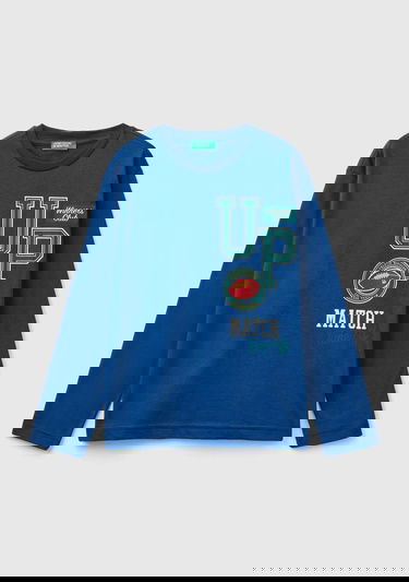  Erkek Çocuk Saks Mavi Önü Baskılı Ribanalı Uzun Kollu Bisiklet Yaka T-Shirt