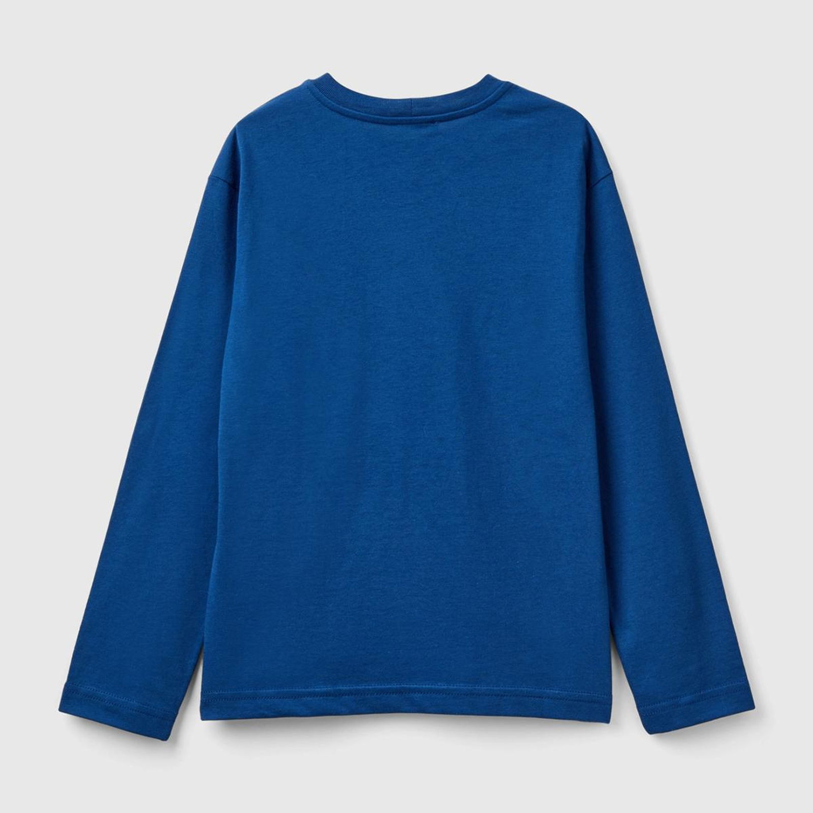 Erkek Çocuk Saks Mavi Önü Baskılı Ribanalı Uzun Kollu Bisiklet Yaka T-Shirt