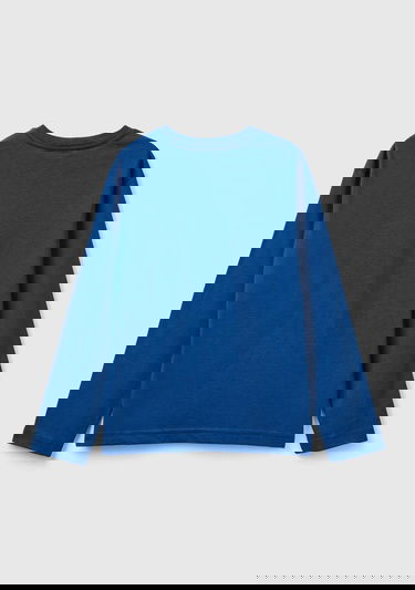  Erkek Çocuk Saks Mavi Önü Baskılı Ribanalı Uzun Kollu Bisiklet Yaka T-Shirt