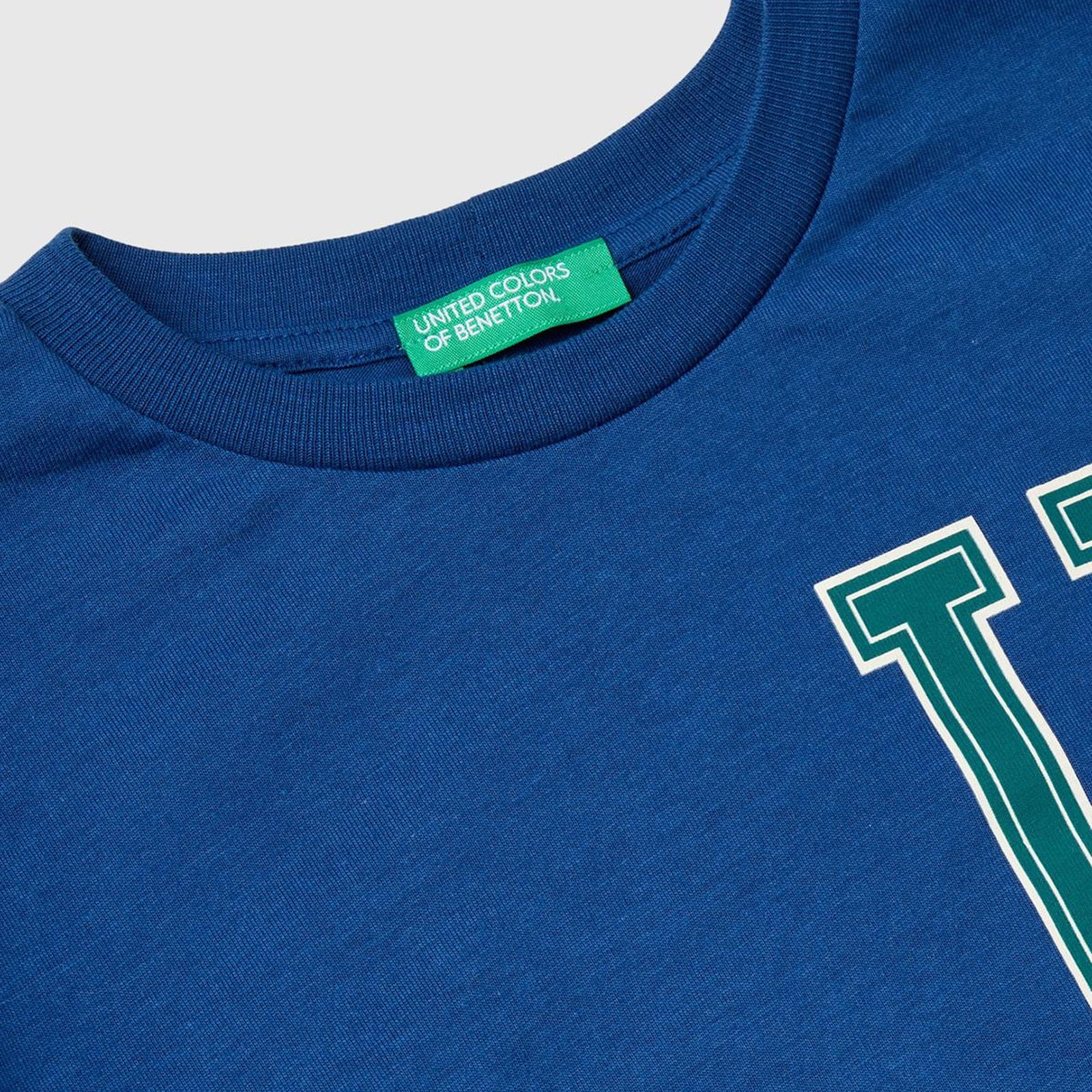 Erkek Çocuk Saks Mavi Önü Baskılı Ribanalı Uzun Kollu Bisiklet Yaka T-Shirt
