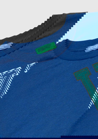  Erkek Çocuk Saks Mavi Önü Baskılı Ribanalı Uzun Kollu Bisiklet Yaka T-Shirt