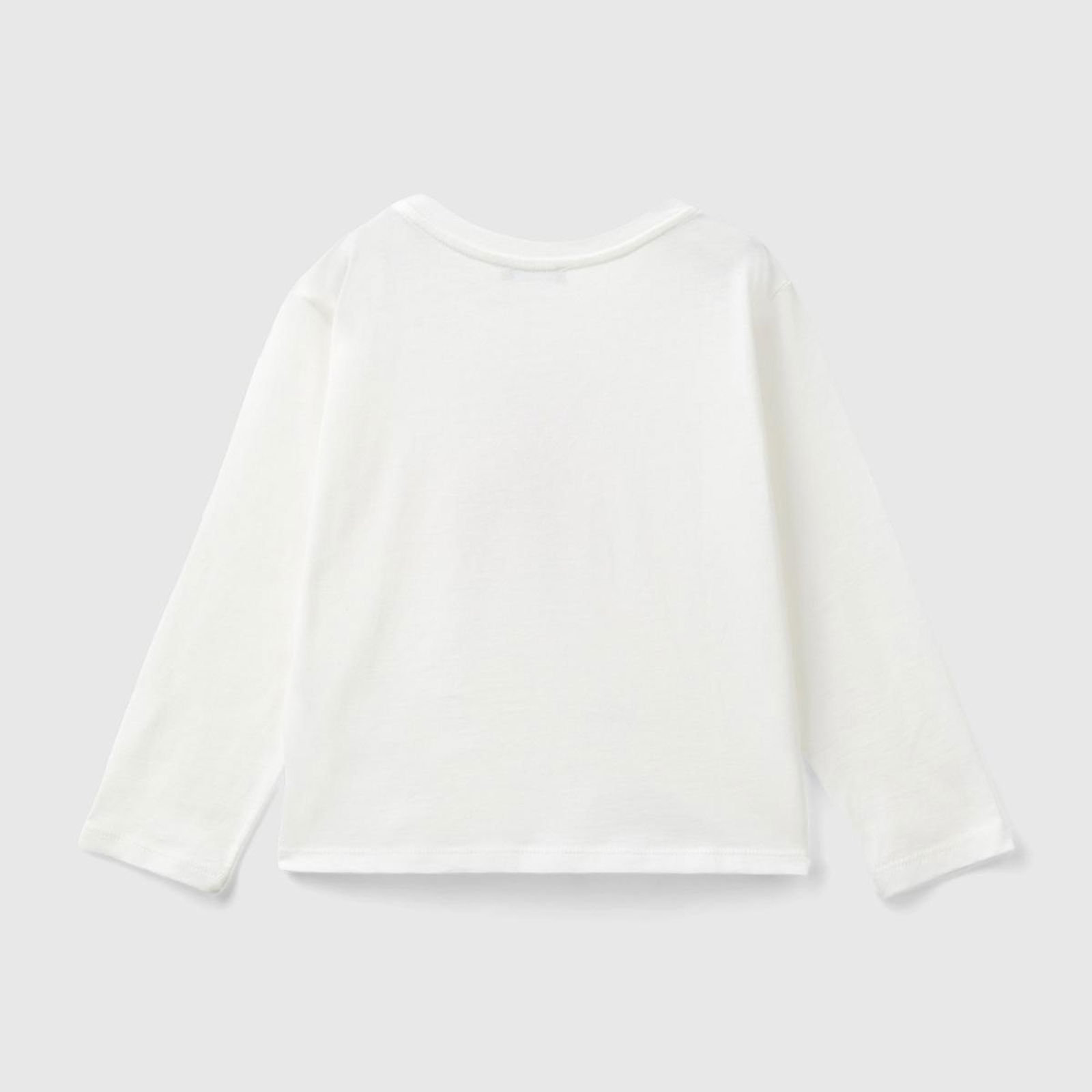 Kız Çocuk Beyaz Önü Simli Su Baskılı Bisiklet Yaka Uzun Kollu T-Shirt