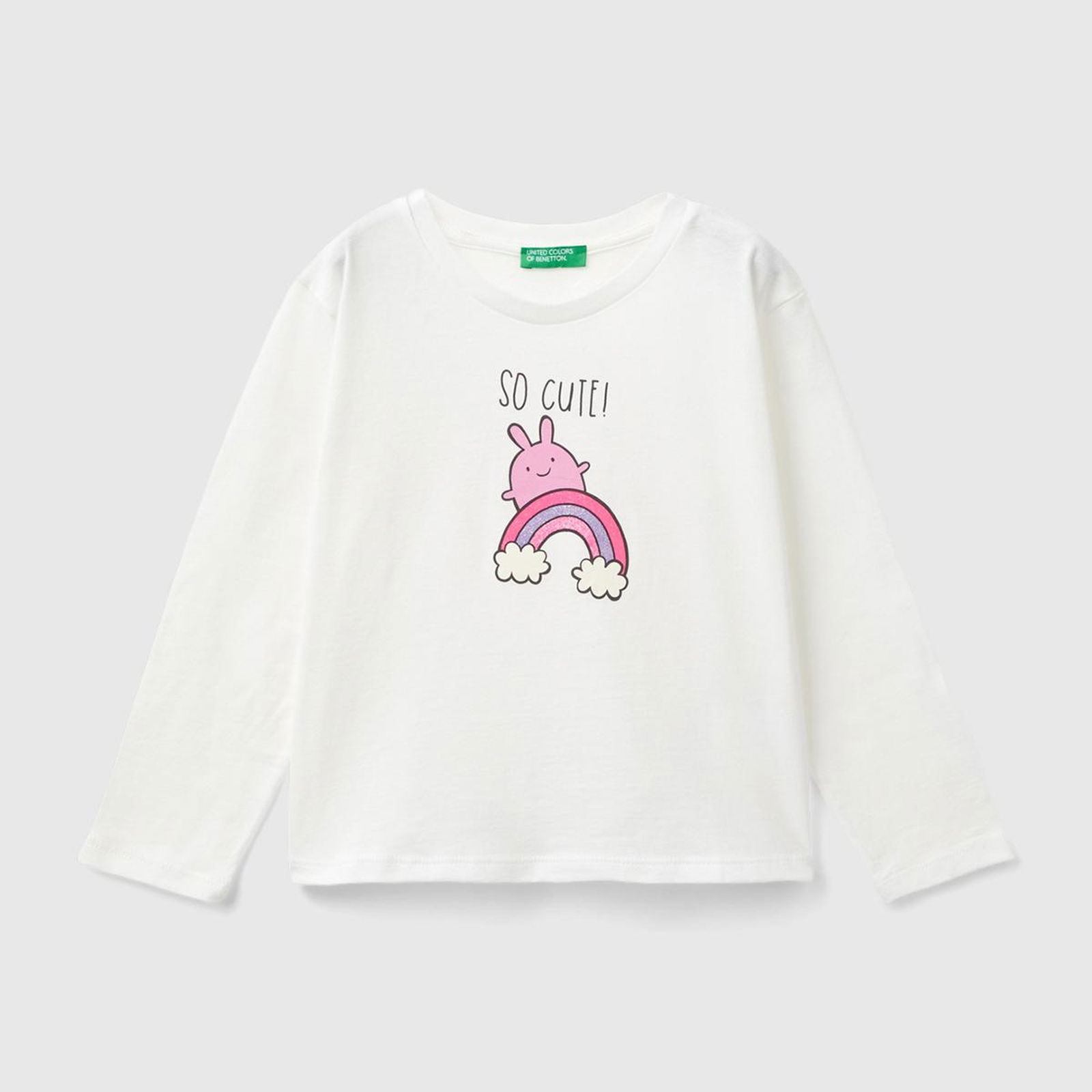Kız Çocuk Beyaz Önü Simli Su Baskılı Bisiklet Yaka Uzun Kollu T-Shirt
