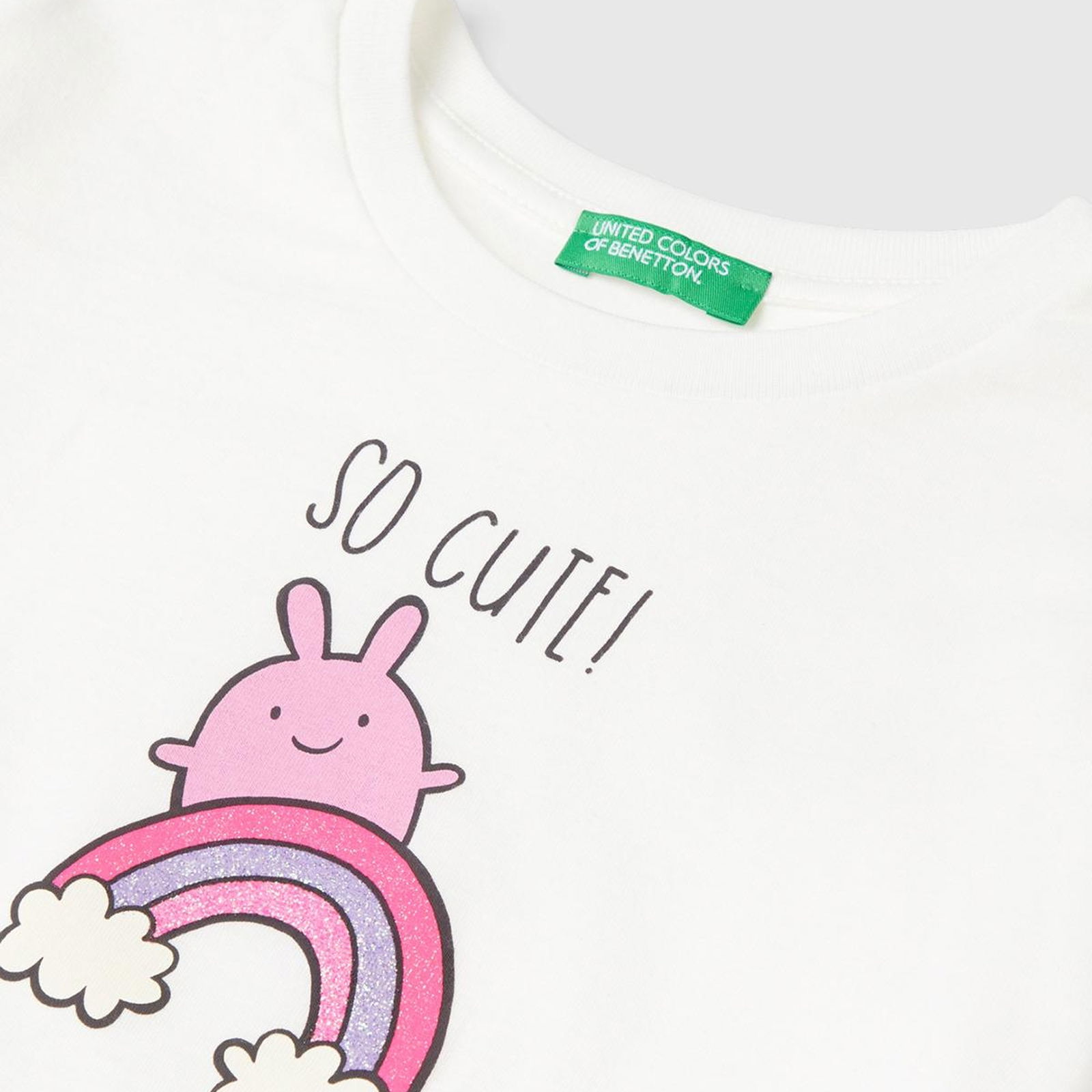Kız Çocuk Beyaz Önü Simli Su Baskılı Bisiklet Yaka Uzun Kollu T-Shirt