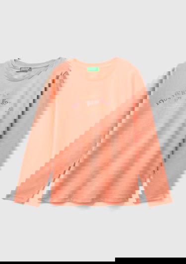  Kız Çocuk Yavruağzı Önü Çok Renkli Baskılı Bisiklet Yaka Uzun Kollu T-Shirt