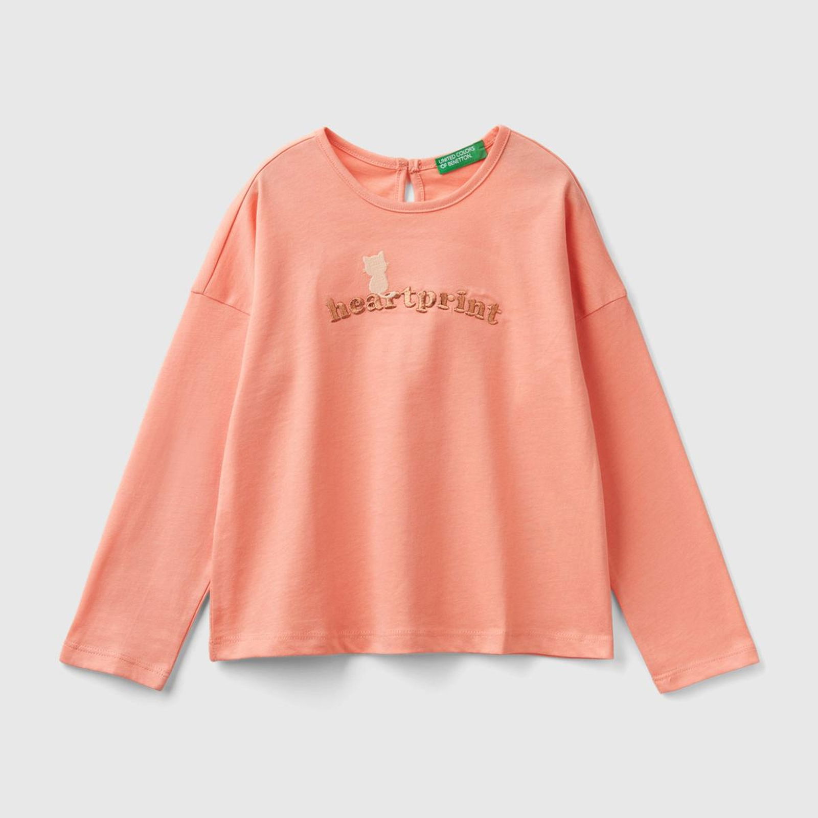 Kız Çocuk Yavruağzı Önü Simli Su Baskılı Arkası Damla Detaylı Uzun Kollu T-Shirt