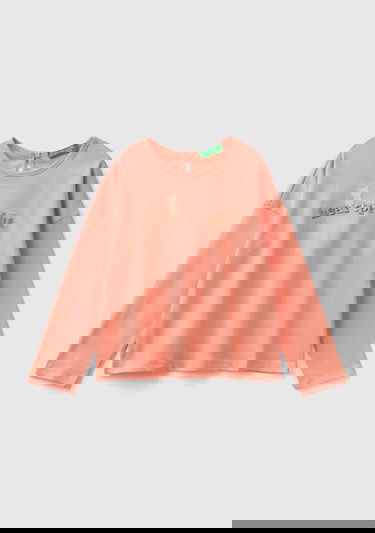  Kız Çocuk Yavruağzı Önü Simli Su Baskılı Arkası Damla Detaylı Uzun Kollu T-Shirt