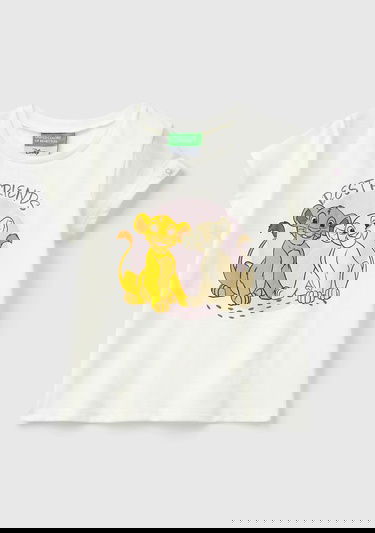  Kız Çocuk Ekru Kol Ucu Logo Etiketli Lion King Baskılı Normal Kesim T-Shirt