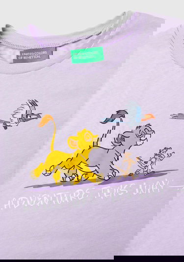  Kız Çocuk Lila Kol Ucu Logo Etiketli Lion King Baskılı Normal Kesim T-Shirt