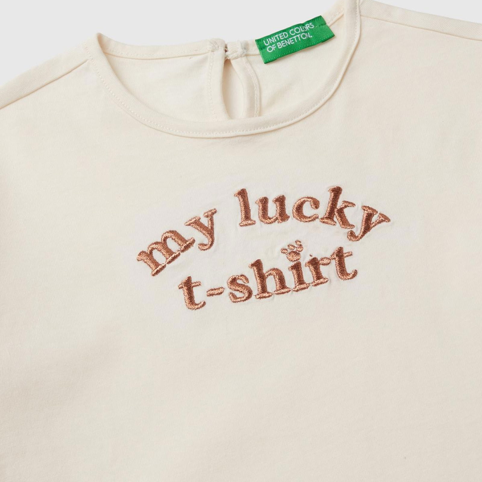 Kız Çocuk Ekru Önü Simli Su Baskılı Arkası Damla Detaylı Uzun Kollu T-Shirt