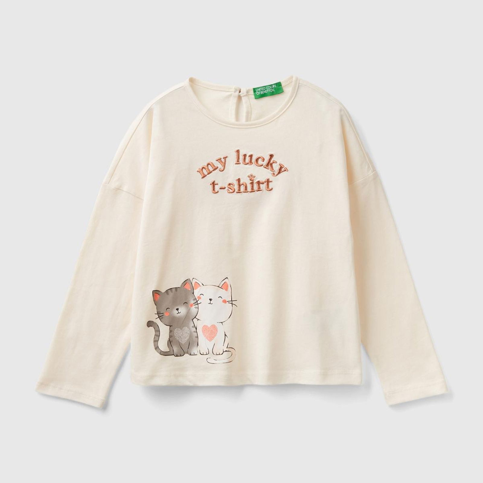 Kız Çocuk Ekru Önü Simli Su Baskılı Arkası Damla Detaylı Uzun Kollu T-Shirt