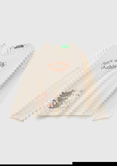  Kız Çocuk Ekru Önü Simli Su Baskılı Arkası Damla Detaylı Uzun Kollu T-Shirt