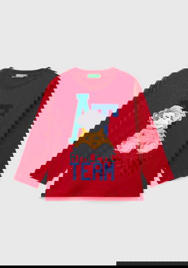  Erkek Çocuk Kırmızı Fotoğraf Baskılı Bisiklet Yaka Uzun Kollu T-Shirt