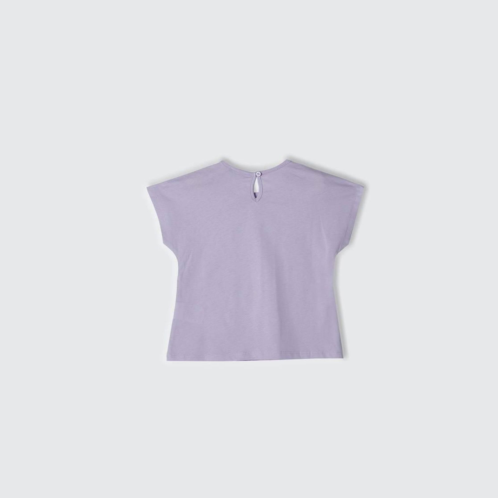 Kız Çocuk Lila Önü Simli Su Baskılı Arkası Damla Detaylı Kısa Kollu T-Shirt
