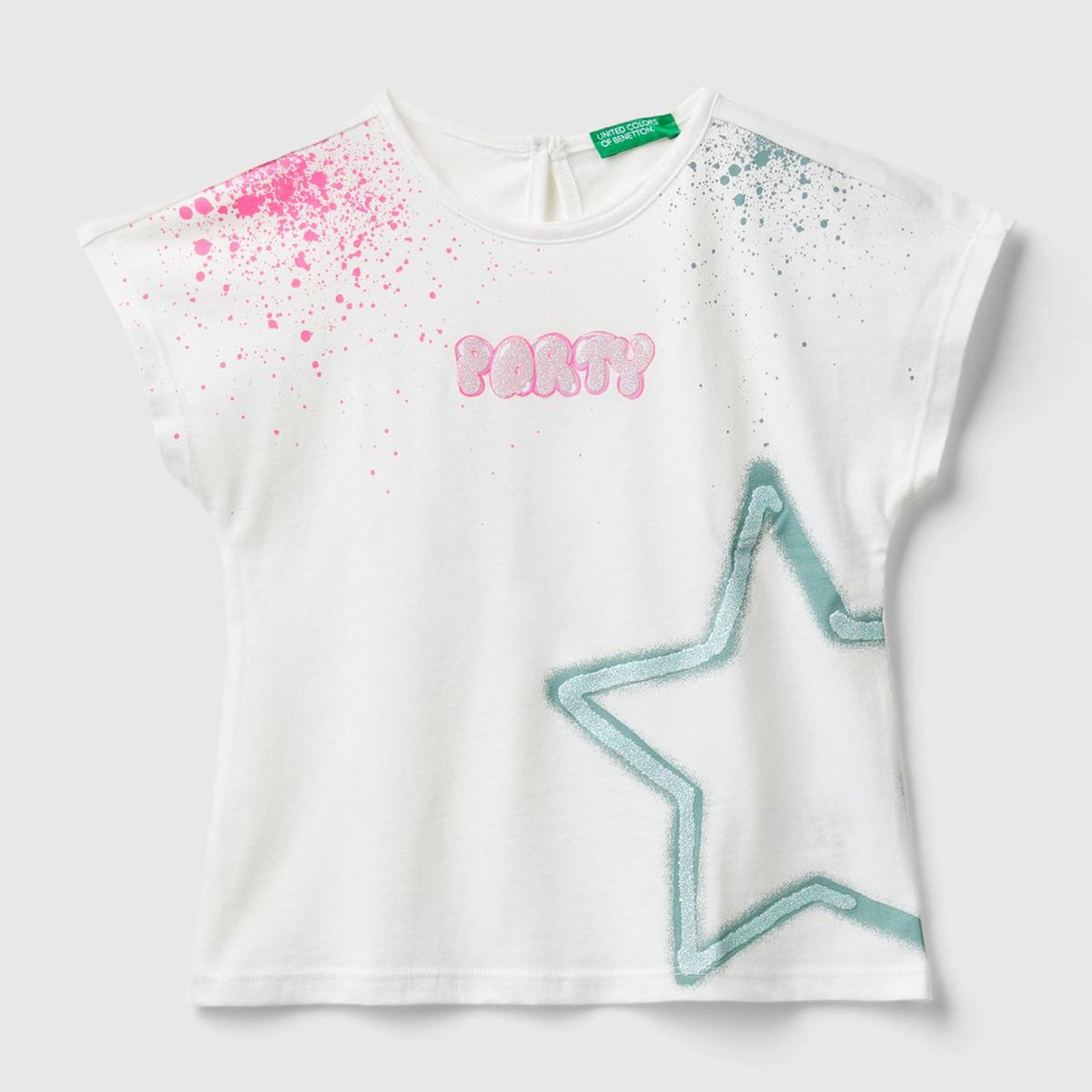 Kız Çocuk Beyaz Önü Simli Su Baskılı Arkası Damla Detaylı Kısa Kollu T-Shirt