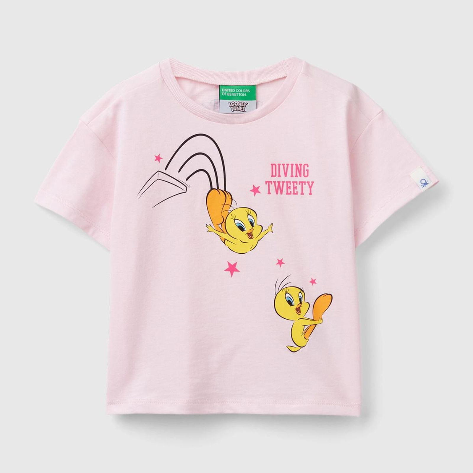 Kız Çocuk Açık Pembe Kol Ucu Logo Etiketli Tweety Baskılı Normal Kesim T-Shirt