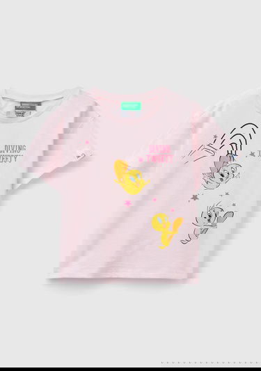  Kız Çocuk Açık Pembe Kol Ucu Logo Etiketli Tweety Baskılı Normal Kesim T-Shirt