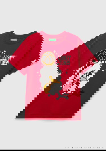  Erkek Çocuk Kırmızı Kol Ucu Logo Etiketli Daffy Duck Baskılı Kısa Kollu T-Shirt