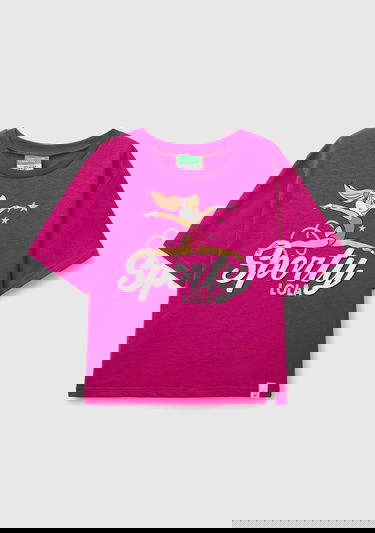  Kız Çocuk Fuşya Önü Lola Bunny Baskılı Kısa Kollu Bisiklet Yaka T-Shirt