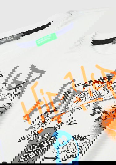  Erkek Çocuk Beyaz Etek Ucu Logo Etiketli 3D Baskılı Bisiklet Yaka Tişört