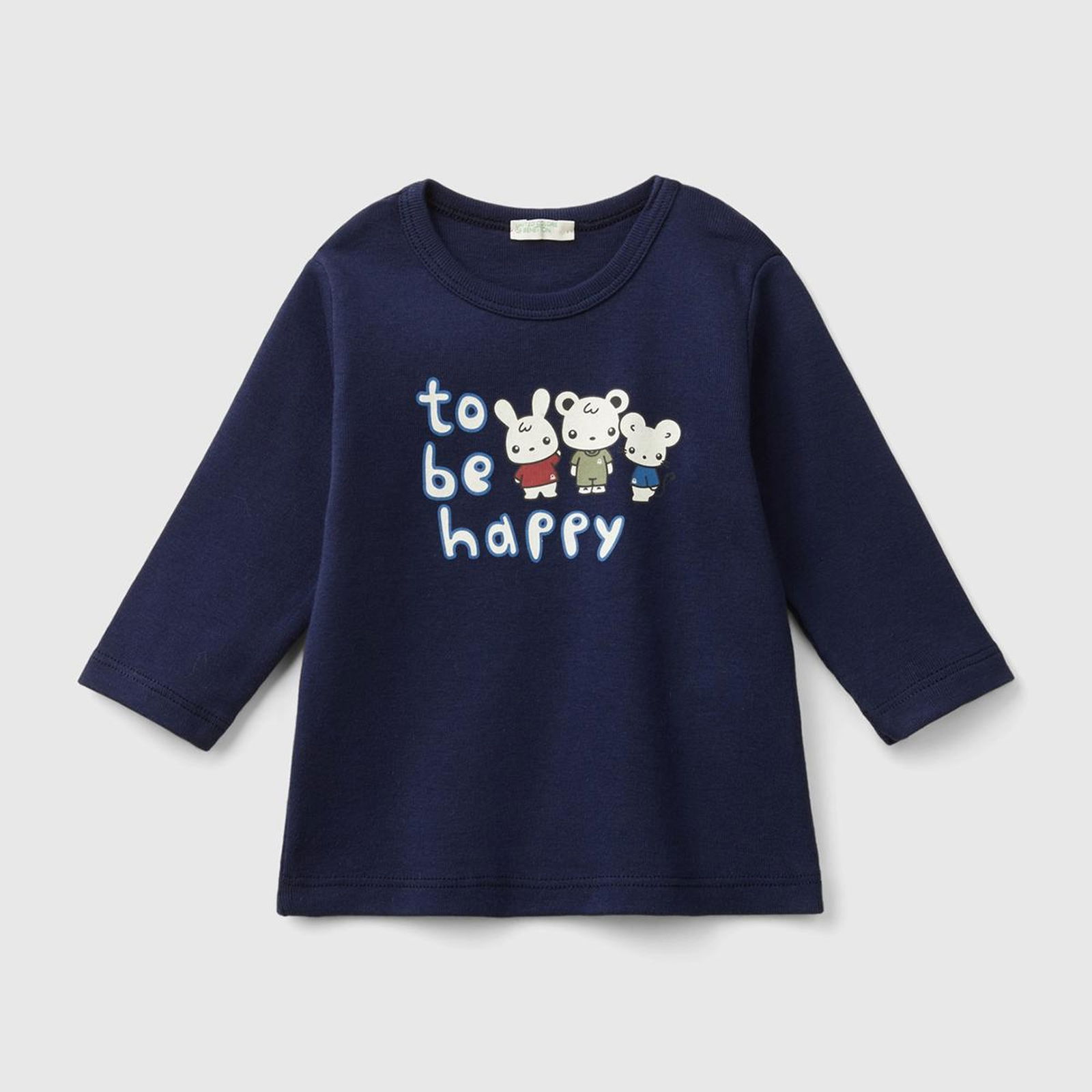 Bebek Lacivert Önü Su Baskılı Bisiklet Yaka Uzun Kollu T-Shirt