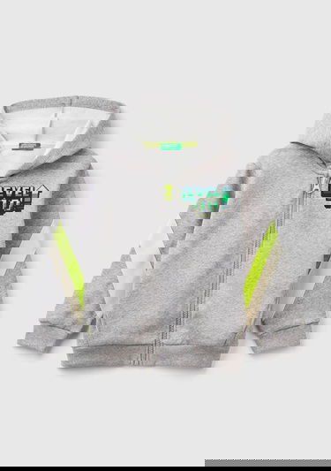  Erkek Çocuk Gri Melanj Baskılı Kolları Şerit Detaylı Fermuarlı Kapüşonlu Sweatshirt