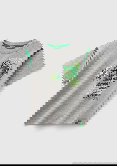  Erkek Çocuk Gri Melanj Etek Ucu Logo Etiketli 3D Baskılı Bisiklet Yaka Tişört