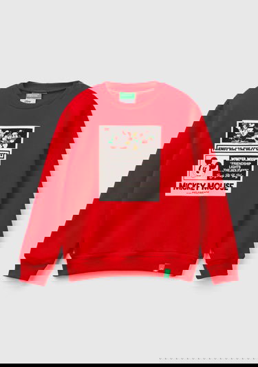  Erkek Çocuk Kırmızı Etek Ucu Logo Etiketli Mickey Mouse Baskılı Sweatshirt