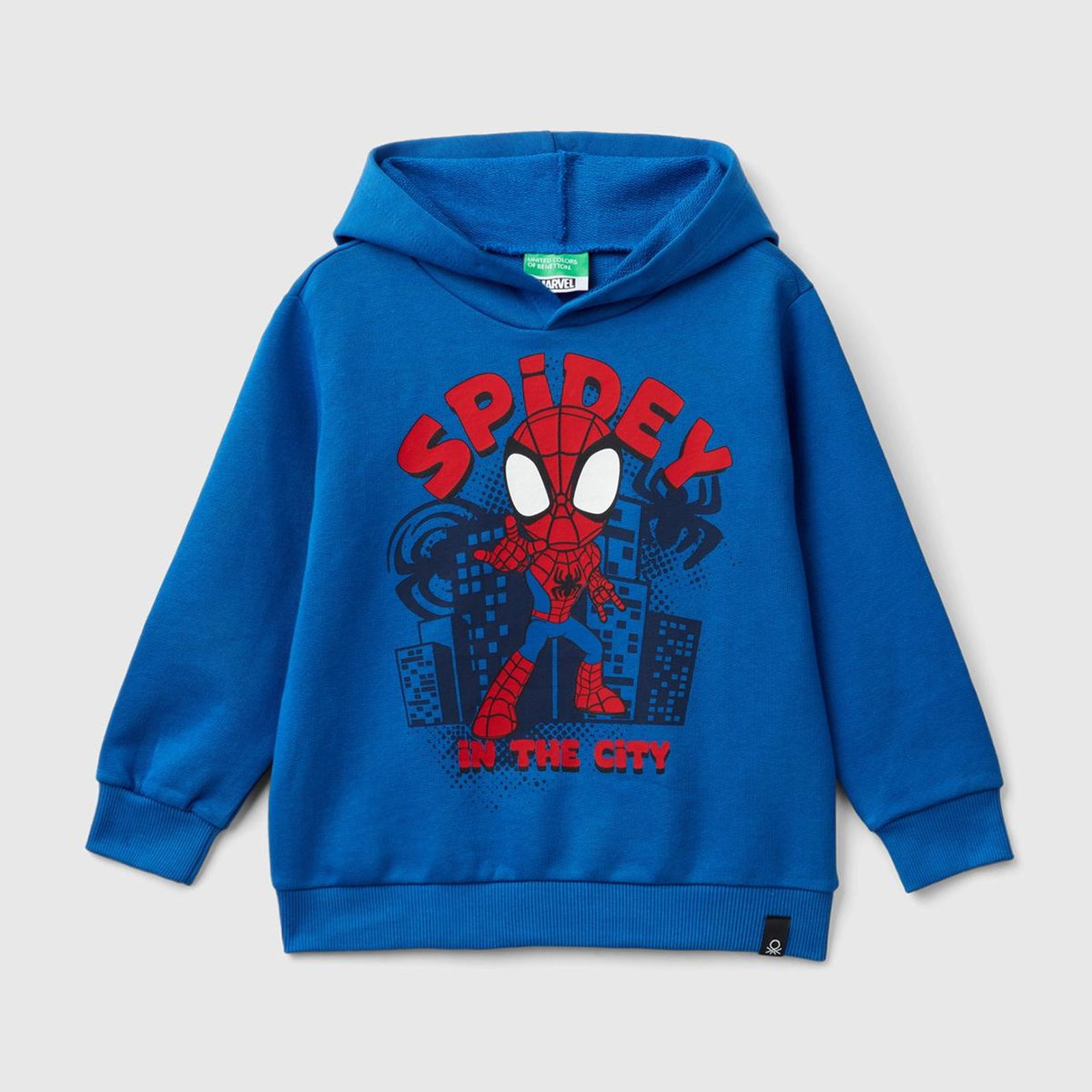 Erkek Çocuk Saks Mavi Etek Ucu Logolu Önü ve Arkası Spiderman Baskılı Sweatshirt
