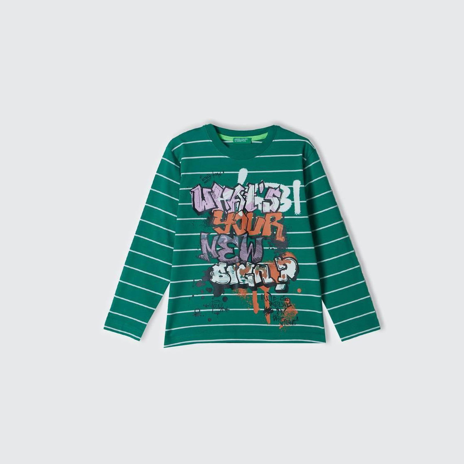 Erkek Çocuk Yeşil Önü Baskılı Çizgili Bisiklet Yaka Uzun Kollu T-Shirt
