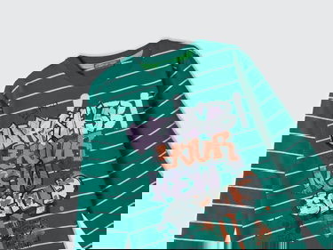  Erkek Çocuk Yeşil Önü Baskılı Çizgili Bisiklet Yaka Uzun Kollu T-Shirt