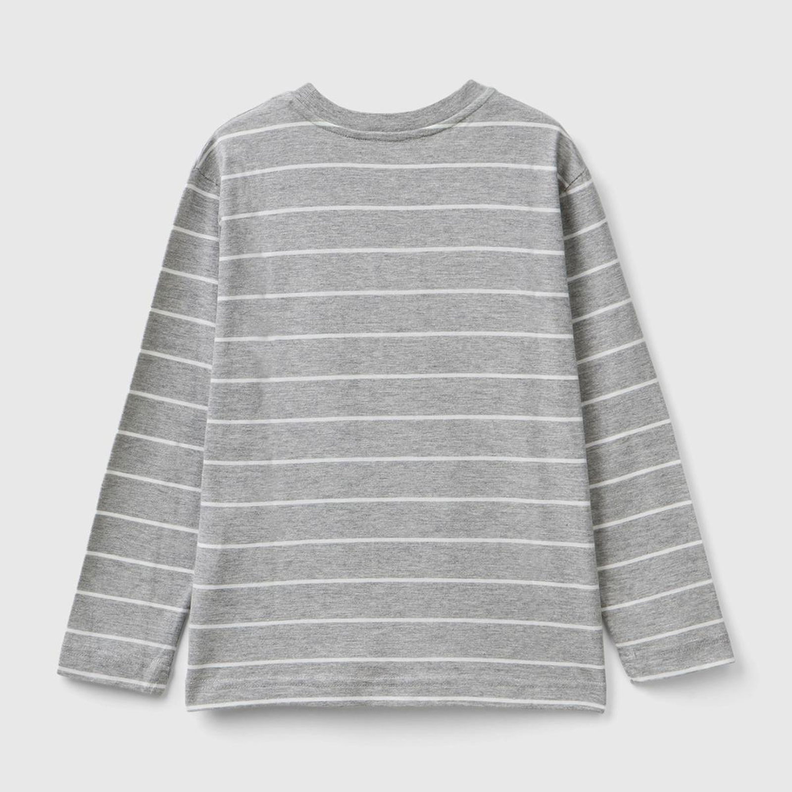 Erkek Çocuk Gri Melanj Önü Baskılı Çizgili Bisiklet Yaka Uzun Kollu T-Shirt
