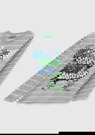  Erkek Çocuk Gri Melanj Önü Baskılı Çizgili Bisiklet Yaka Uzun Kollu T-Shirt