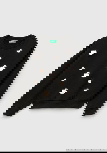  Kız Çocuk Siyah Önü Kalpli Payetli Düşük Omuz Bisiklet Yaka Sweatshirt