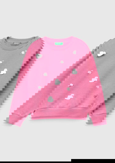  Kız Çocuk Pembe Önü Kalpli Payetli Düşük Omuz Bisiklet Yaka Sweatshirt
