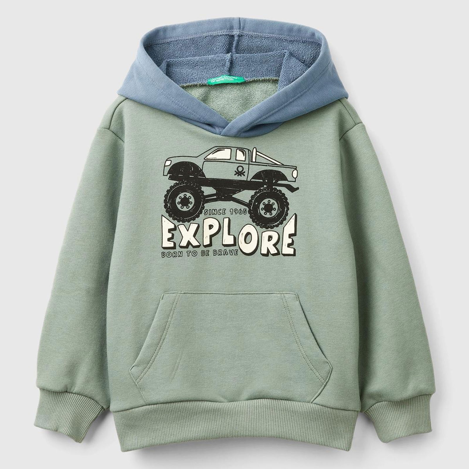 Erkek Çocuk Haki Önü Baskılı Kapüşonu Kontrast Renkli Kanguru Cepli Sweatshirt