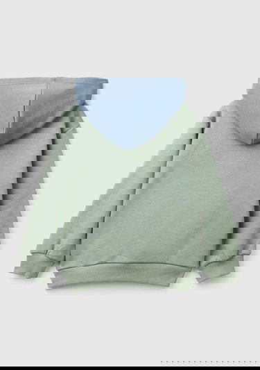  Erkek Çocuk Haki Önü Baskılı Kapüşonu Kontrast Renkli Kanguru Cepli Sweatshirt